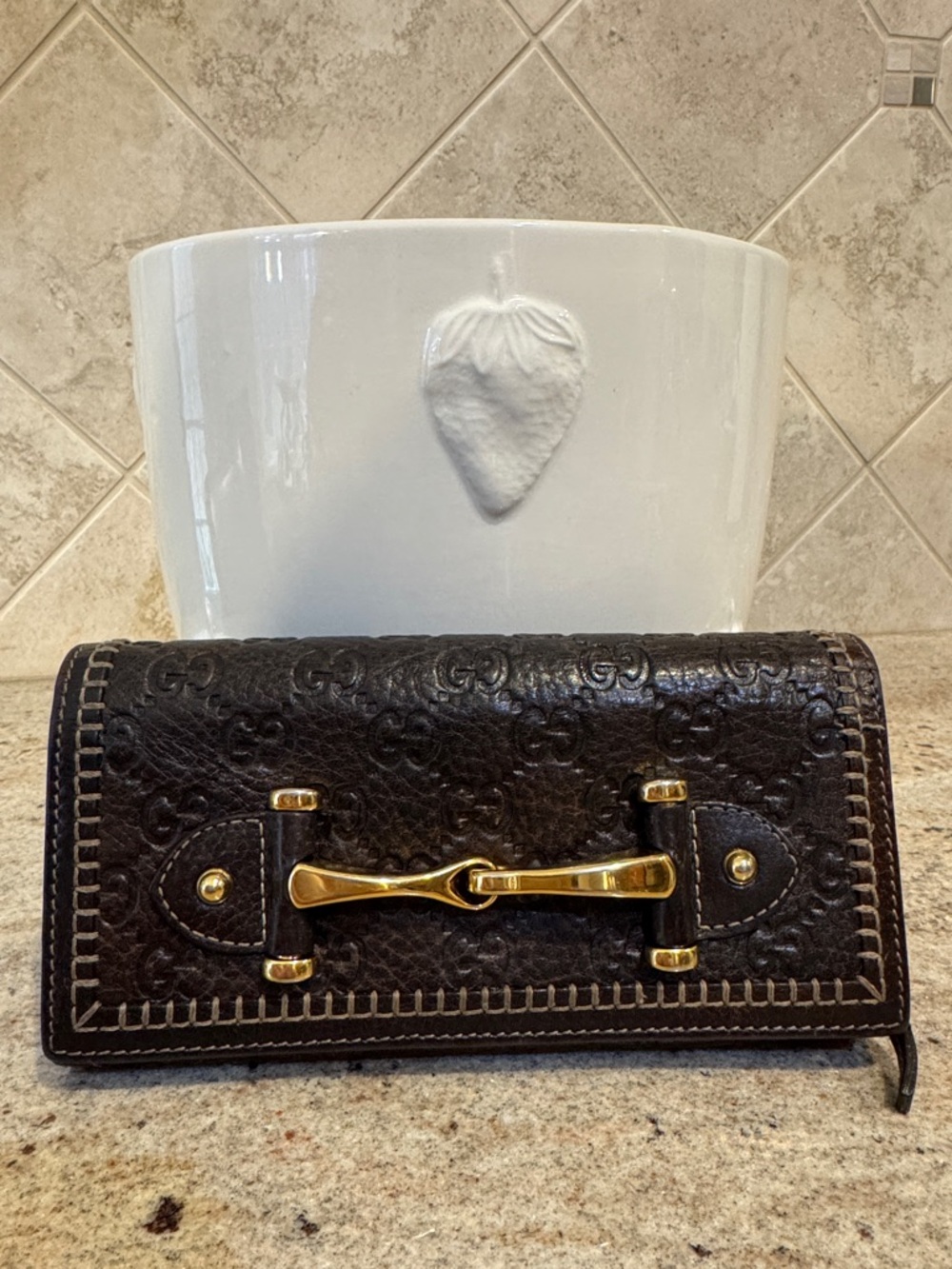 Gucci Horse Bit Embossed Dark Brown Leather Wallet with Gold Hardware